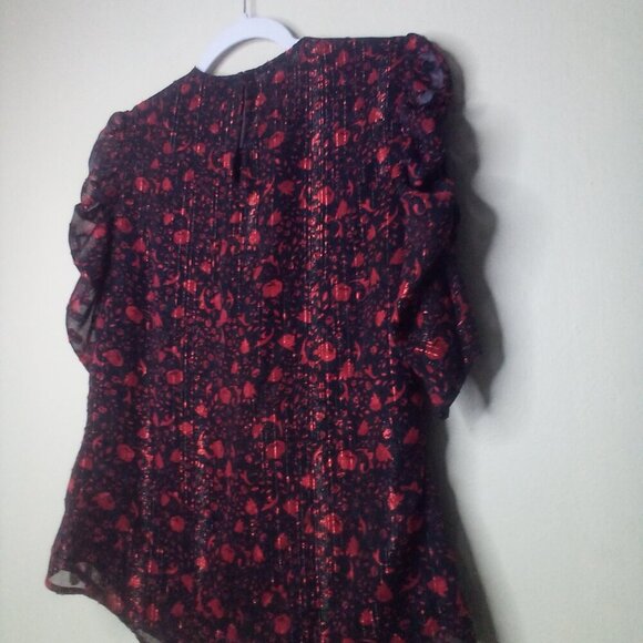 Express Blouse Shirt Women S 1/2 Gathered Sleeves Lined Pattern Red Black - Picture 15 of 15